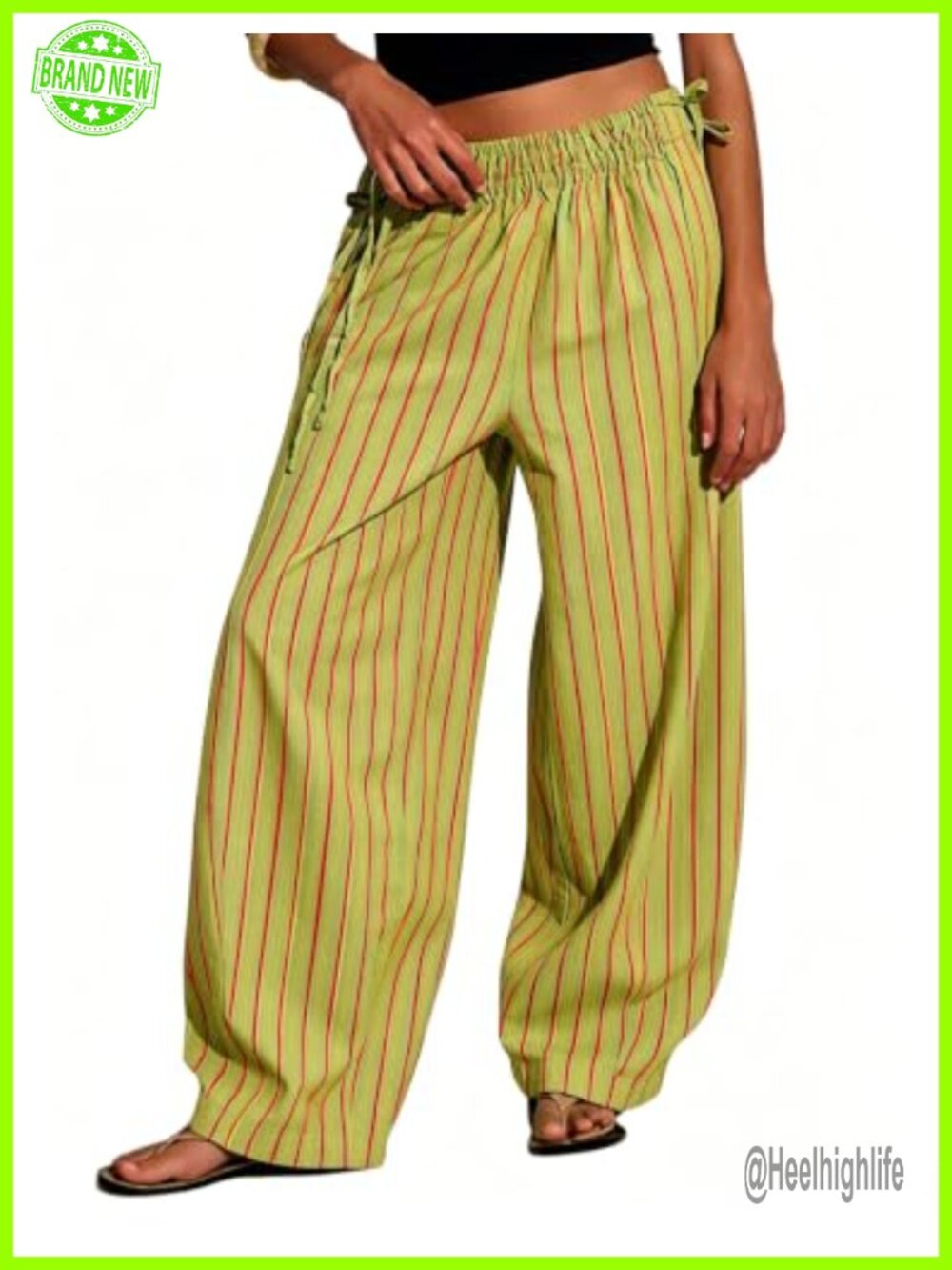 Women's Striped Wide Leg Drawstring Pants Elastic Low Waist Harem Trousers